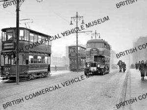 AEC Regent and two trams / Glasgow Corporation / AEL02575a